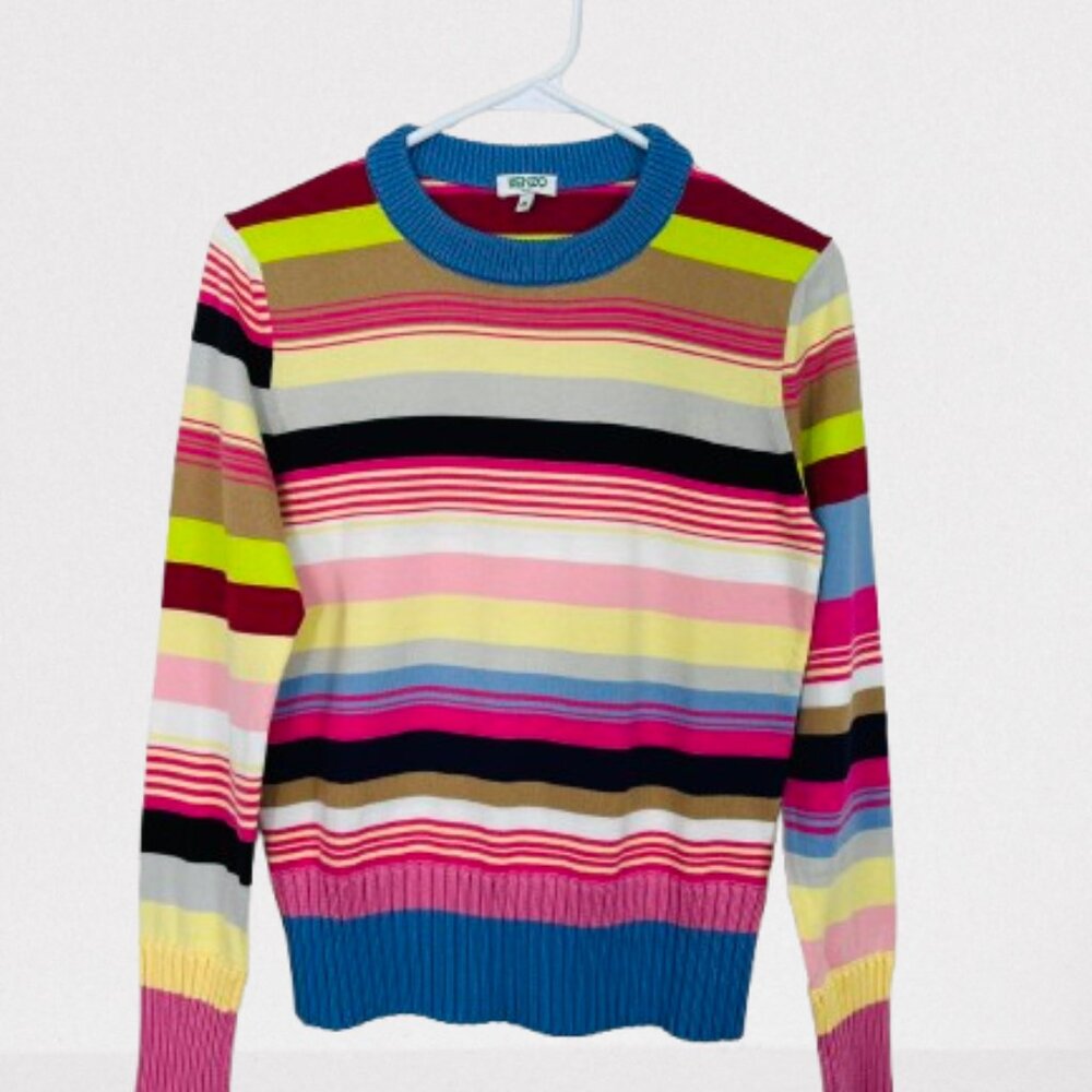 KENZO Multicolor Striped Sweater Rainbow Pink Blue Cotton Blend Size M